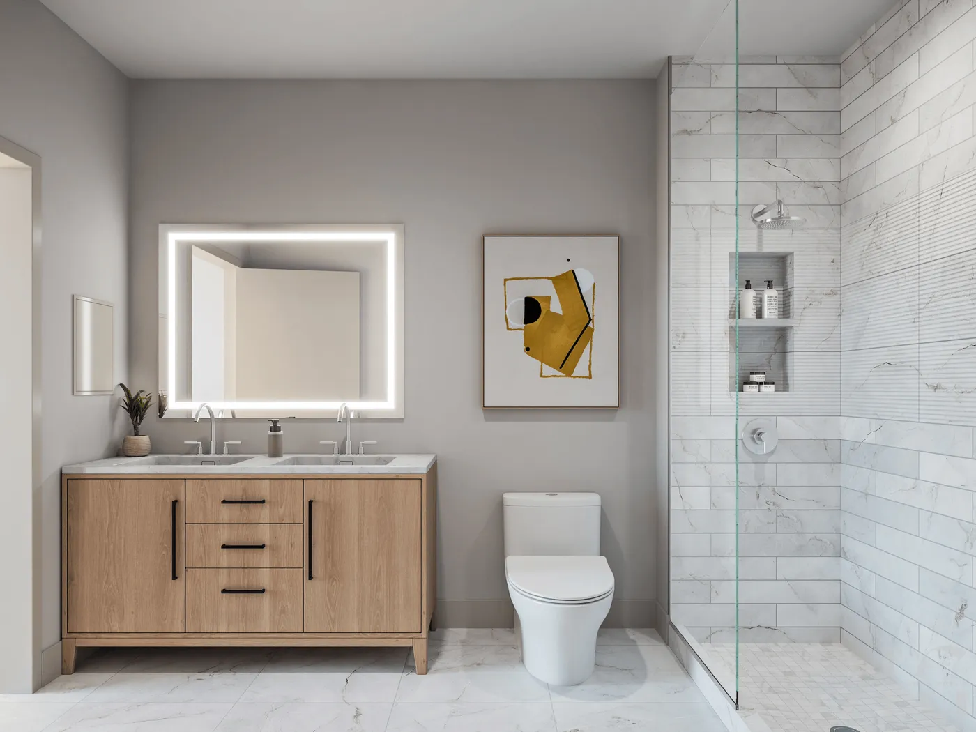Spa-inspired bathroom with marble-tiled shower