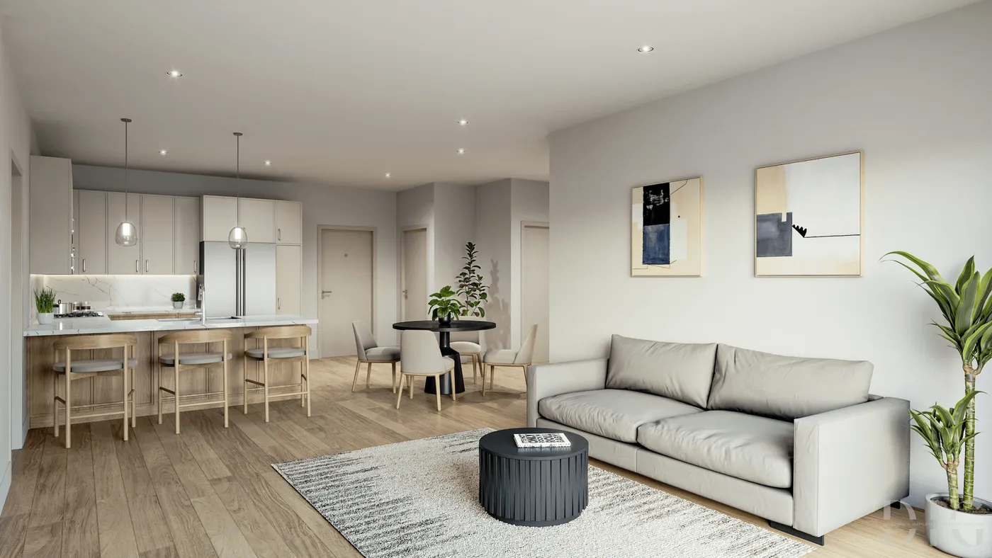 Open-concept living and kitchen inside a residence